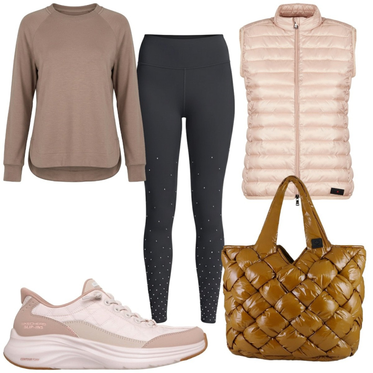 Outfit donna - Back to Pilates Class in rosa e marrone. Stile Basic per Sport. Abbinamento con borse tote, piumini, sneakers, leggings, felpe.