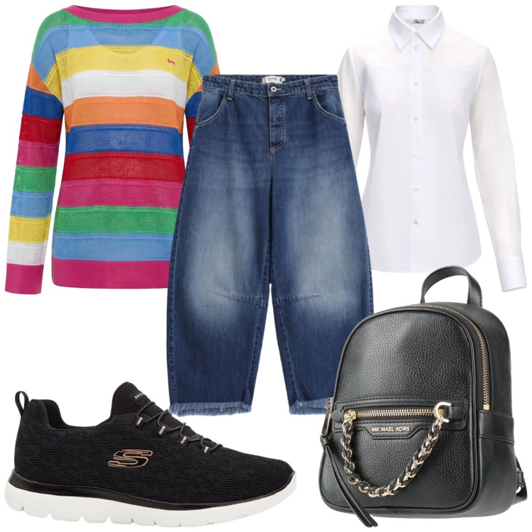 Outfit donna - Total look #2461765. Stile Casual per Scuola/Università. Abbinamento con zaini, sneakers, maglieria, camicie, jeans.