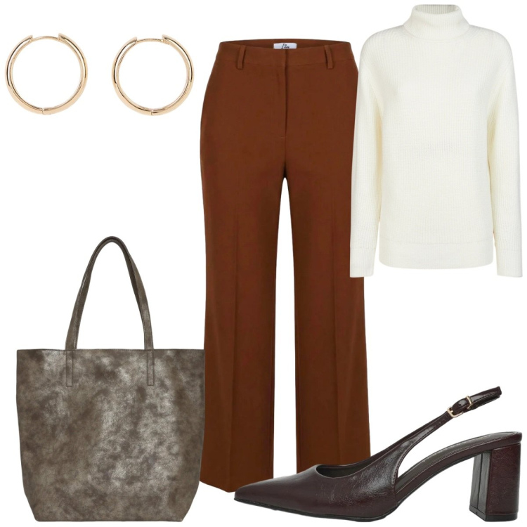 Outfit donna - Total look #2461773. Stile 70s per Ufficio. Abbinamento con orecchini, maglieria, shopping bag, décolleté, pantaloni a palazzo.