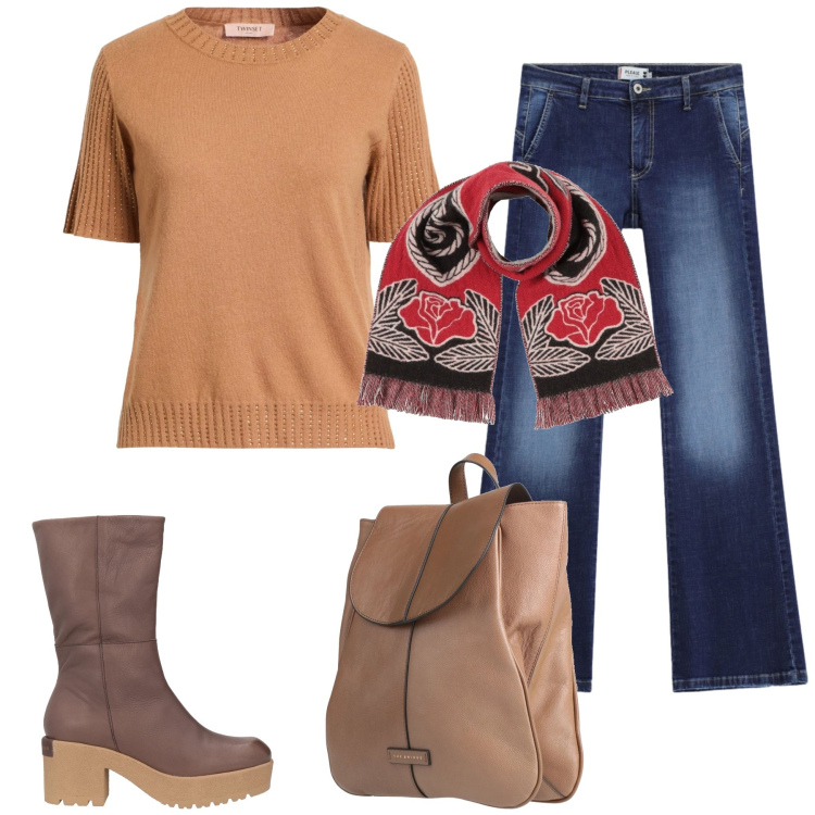 Outfit donna - Total look #2461777. Stile Casual chic per Tutti i giorni. Abbinamento con sciarpe, pullovers, zaini, stivaletti, jeans.