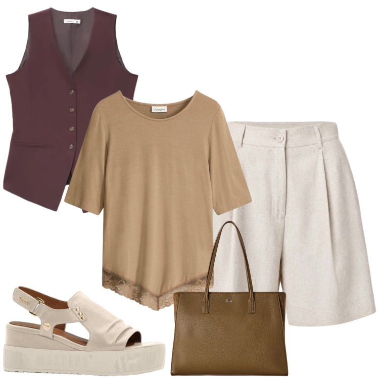 Outfit donna - Total look #2461781. Stile Casual chic per Tutti i giorni. Abbinamento con sandali, t-shirt, shopping bag, gilet, shorts.