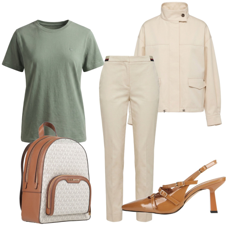 Outfit donna - Total look #2461783. Stile Casual chic per Tutti i giorni. Abbinamento con décolleté, zaini, pantaloni chino, t-shirt, bomber.