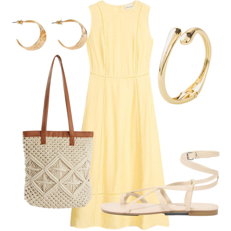 Outfit donna - Cena in relax. Stile Romantica per Serata fuori. Abbinamento con vestiti midi/longuette, braccialetti, sandali, orecchini, shopping bag.