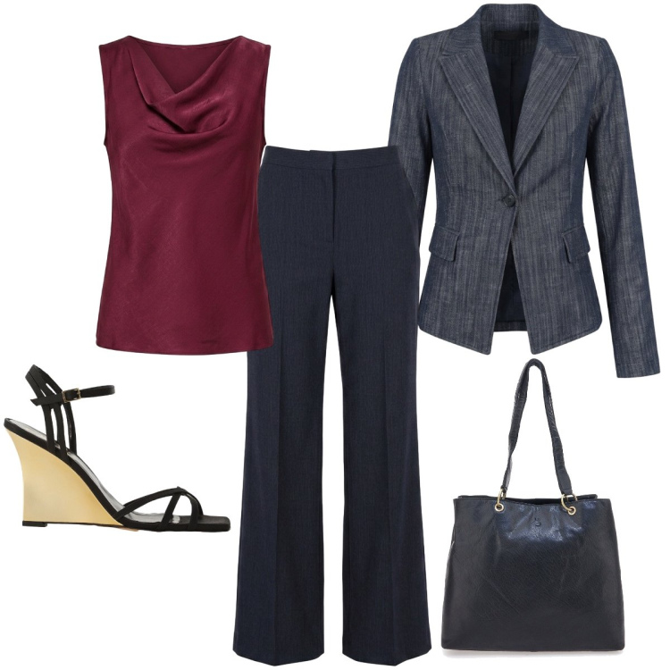 Outfit donna - Settembre per vergine. Stile Chic per Tutti i giorni. Abbinamento con sandali col tacco, canottiere, blazer, pantaloni, shopping bag.