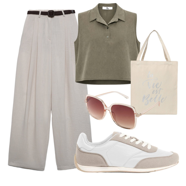 Outfit donna - Quiete estiva. Stile Casual chic per Tutti i giorni. Abbinamento con occhiali da sole, sneakers, borse tote, pantaloni, top.