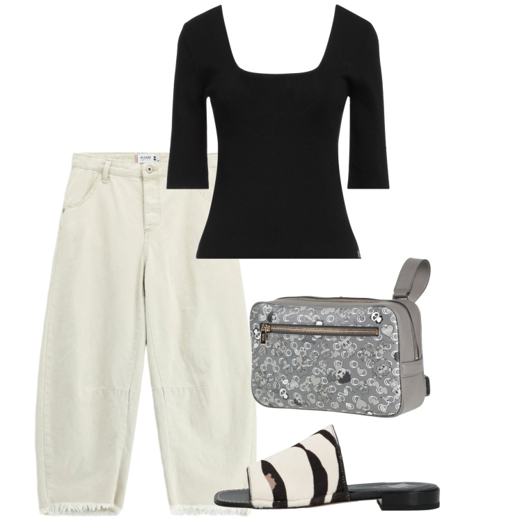 Outfit donna - Agosto. Stile Bon Ton per Tutti i giorni. Abbinamento con sandali in pelle, marsupi, pullovers, jeans dritti.