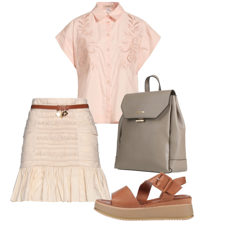 Outfit donna - Agosto. Stile Bon Ton per Ufficio. Abbinamento con minigonne, zaini, sandali in pelle, camicie a manica corta.
