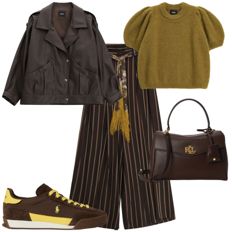 Outfit donna - Casual chic ufficio tempo libero. Stile Casual chic per Ufficio. Abbinamento con giacche, pantaloni a palazzo, pullovers, sneakers, borse a mano.