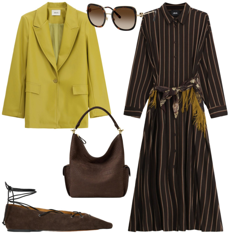 Outfit donna - Casual chic in ufficio con lo chemisier. Stile Casual chic per Ufficio. Abbinamento con vestiti lunghi, blazer, borse a spalla, occhiali da sole, ballerine.