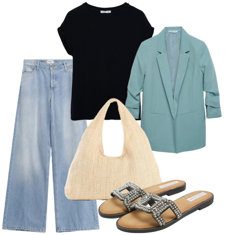 Outfit donna - Agosto. Stile Bon Ton per Tutti i giorni. Abbinamento con shopping bag, blazer, t-shirt, ciabatte, jeans.