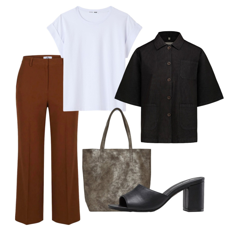 Outfit donna - Agosto. Stile Bon Ton per Ufficio. Abbinamento con sandali col tacco, blazer, t-shirt, shopping bag, pantaloni a palazzo.