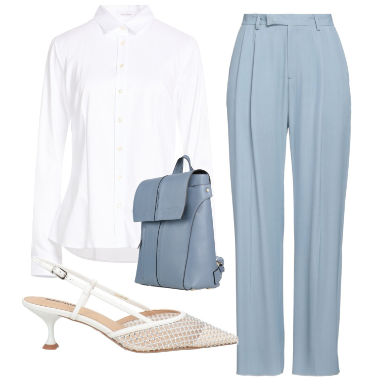 Outfit donna - Polveroso e fresco. Stile Bon Ton per Ufficio. Abbinamento con pantaloni, zaini, camicie, décolleté.