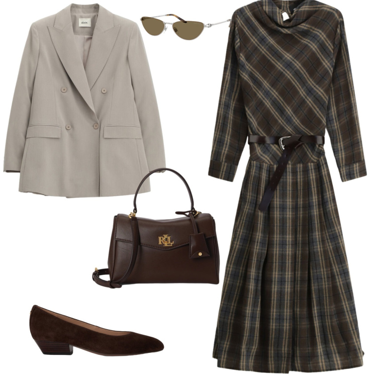 Outfit donna - British in ufficio. Stile Vintage retrò per Ufficio. Abbinamento con vestiti asimmetrici, blazer, occhiali da sole, borse a mano, ballerine.