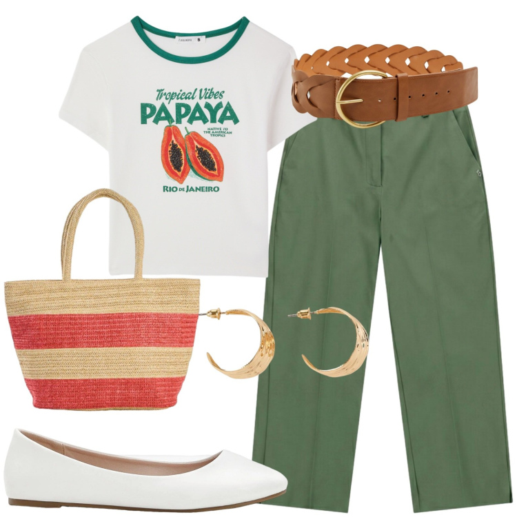 Outfit donna - Sportiva. Stile Casual per Tutti i giorni. Abbinamento con shopping bag, ballerine, orecchini, cinture, t-shirt, pantaloni.