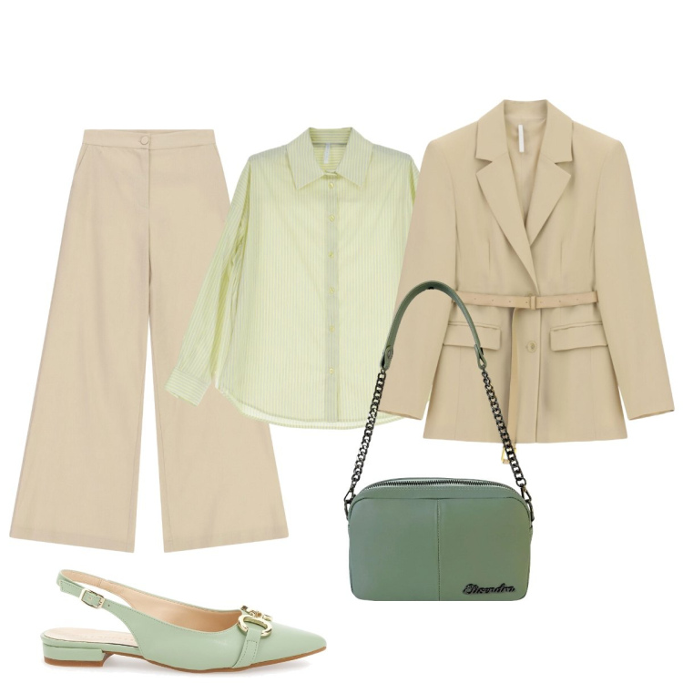 Outfit donna - Si torna in ufficio. Stile Minimal per Ufficio. Abbinamento con pantaloni a palazzo, blazer, camicie, borse a tracolla, ballerine.