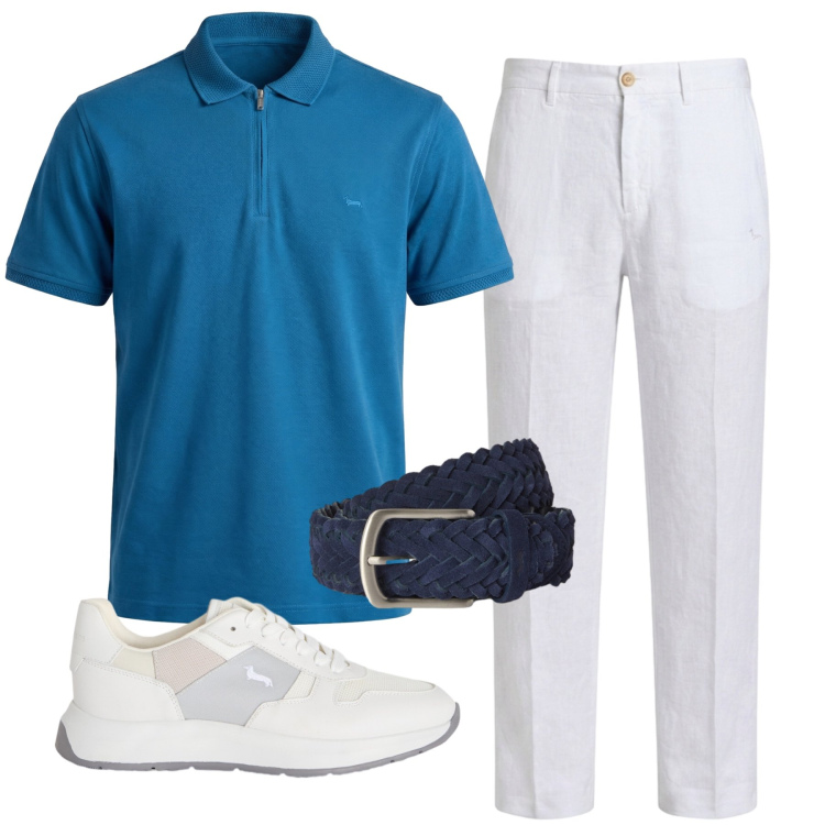Outfit uomo - Bianco & Blu. Stile Casual per Mare. Abbinamento con sneakers, polo, pantaloni chino, cinture.
