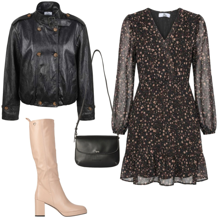 Outfit donna - Romantica serata. Stile Romantica per Serata fuori. Abbinamento con stivali, borse a tracolla, vestiti corti, giacche.