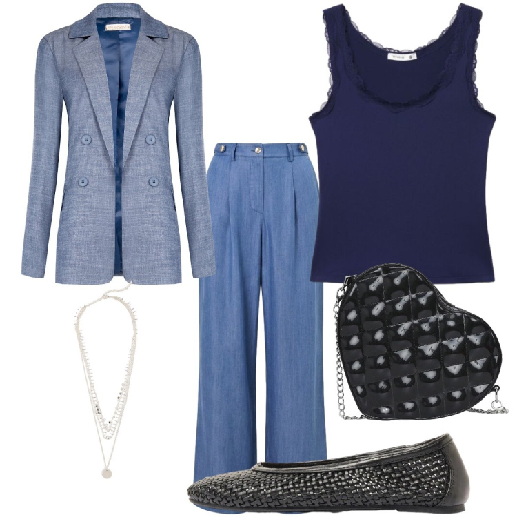 Outfit donna - Settembre. Stile Casual chic per Tutti i giorni. Abbinamento con ballerine, collane, borse a tracolla, top, blazer, pantaloni.