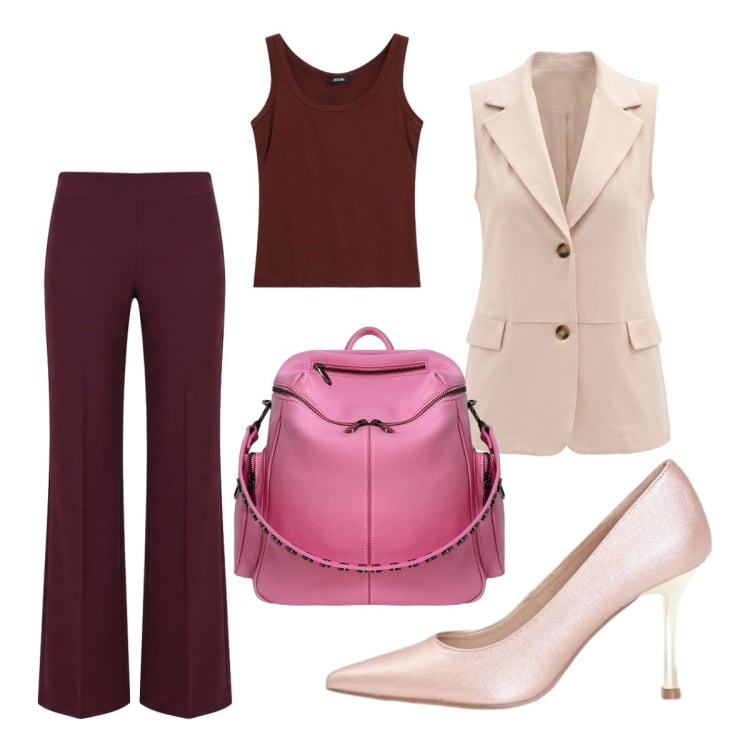Outfit donna - Guardaroba rinnovato per l’ufficio. Stile Mannish per Ufficio. Abbinamento con canottiere, gilet, pantaloni a palazzo, décolleté, zaini.