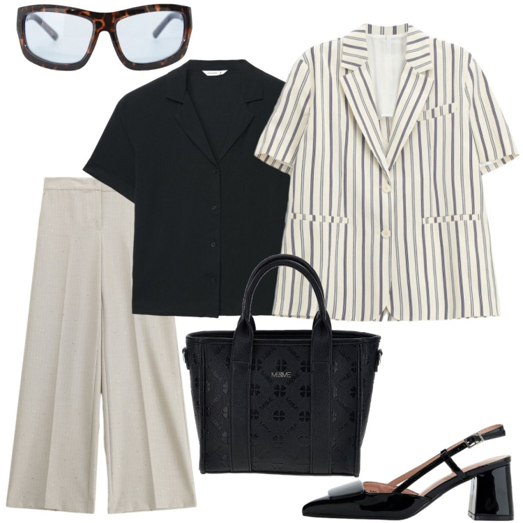 Outfit donna - Eleganza rigorosa. Stile Minimal per Ufficio. Abbinamento con occhiali da sole, blazer, décolleté, camicie a manica corta, pantaloni a palazzo, borse a tracolla.