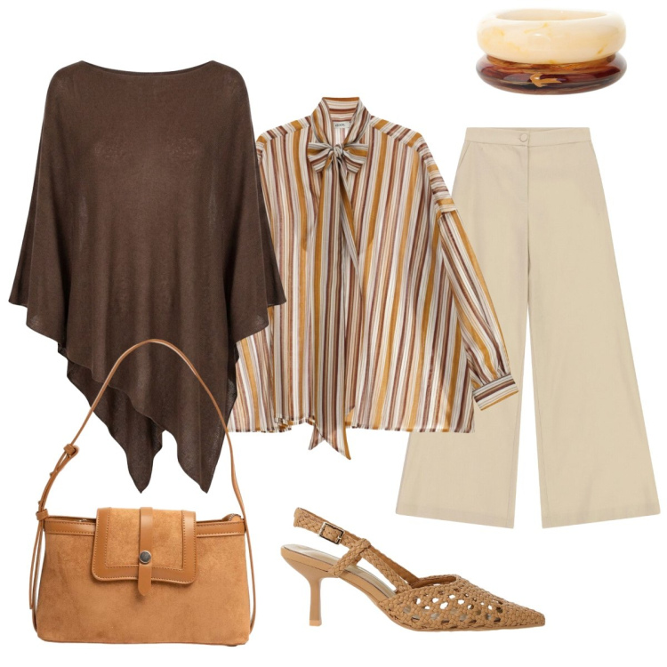 Outfit donna - Il fascino della mantella. Stile Chic per Ufficio. Abbinamento con pantaloni a palazzo, décolleté, braccialetti, camicie, cappotti, borse a tracolla.