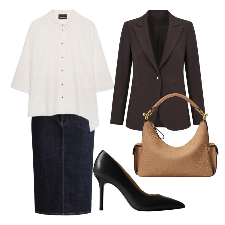 Outfit donna - Back to Office. Stile Casual chic per Ufficio. Abbinamento con blazer, camicie, décolleté, gonne, borse a spalla.