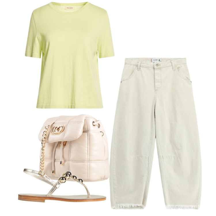 Outfit donna - Chiara. Stile Casual per Tutti i giorni. Abbinamento con valigie, pullovers, infradito, jeans dritti.