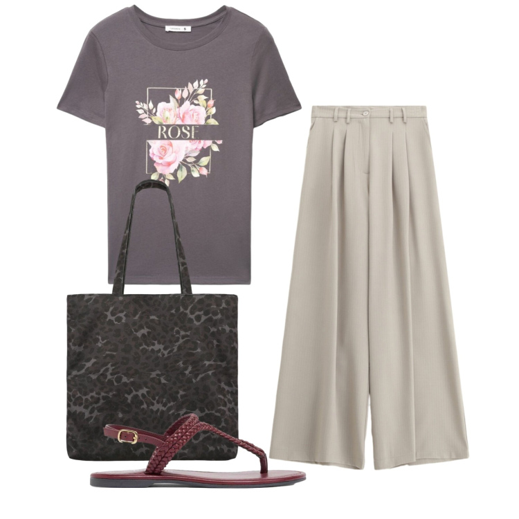 Outfit donna - Rose. Stile Bon Ton per Tutti i giorni. Abbinamento con ciabatte, t-shirt, shopping bag, pantaloni a palazzo.