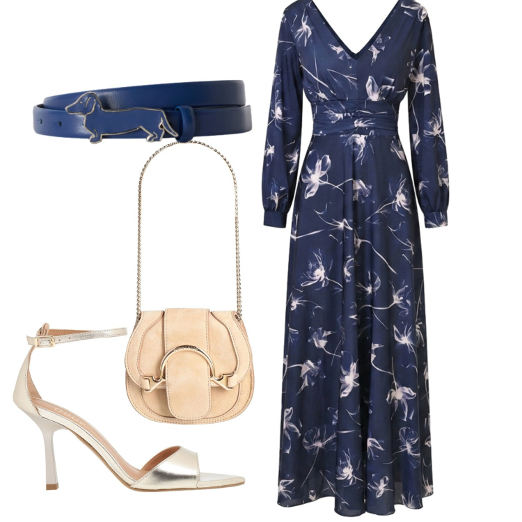 Outfit donna - Una festa. Stile Chic per Serata fuori. Abbinamento con marsupi, sandali in pelle, cinture, vestiti lunghi.