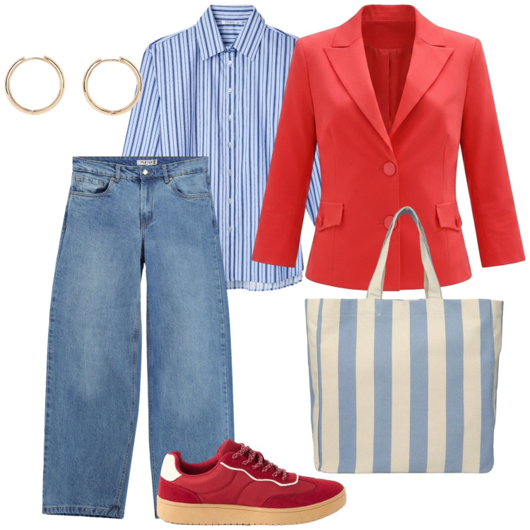 Outfit donna - Le righe a settembre. per Scuola/Università. Abbinamento con orecchini, sneakers, shopping bag, camicie, blazer, jeans.