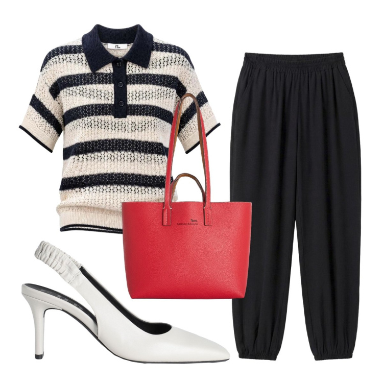 Outfit donna - Primo settembre. Stile Bon Ton per Ufficio. Abbinamento con décolleté, pantaloni, shopping bag, polo.