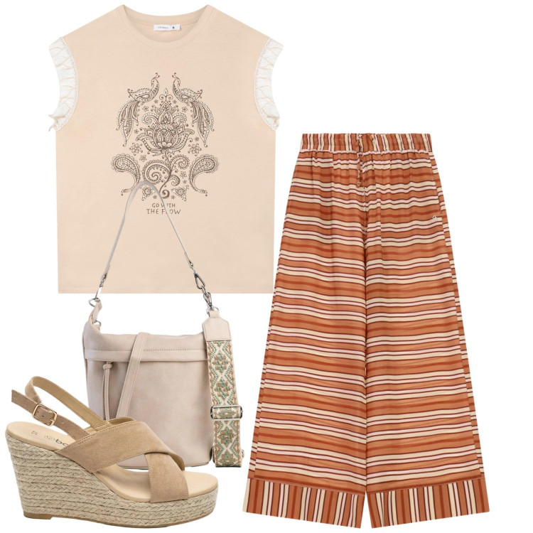 Outfit donna - Righe. Stile Casual per Tutti i giorni. Abbinamento con sandali col tacco, borse a tracolla, t-shirt, pantaloni a palazzo.