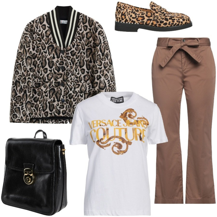 Outfit donna - Giungla style. Stile Casual chic per Ufficio. Abbinamento con zaini, mocassini, t-shirt, pantaloni, bomber.