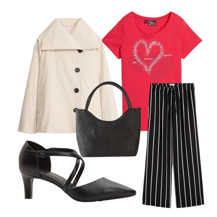 Outfit donna - Ufficio settembre. Stile Casual chic per Ufficio. Abbinamento con pantaloni, t-shirt, décolleté, shopping bag, trench.
