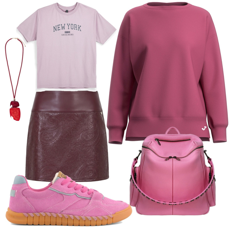 Outfit donna - Rosa d\'autunno. Stile Urban per Ufficio. Abbinamento con minigonne, ciondoli, zaini, sneakers, felpe, t-shirt.