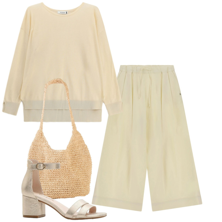 Outfit donna - Sand. Stile Bon Ton per Ufficio. Abbinamento con shopping bag, sandali col tacco, maglieria, pantaloni a palazzo.