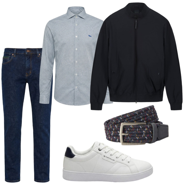 Outfit uomo - Stile da barca. Stile Trendy per Tutti i giorni. Abbinamento con sneakers, camicie, jeans, cinture, bomber.