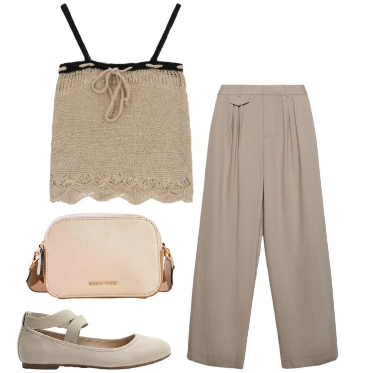 Outfit donna - Beige. Stile Bon Ton per Tutti i giorni. Abbinamento con ballerine, borse a tracolla, pantaloni, maglieria.