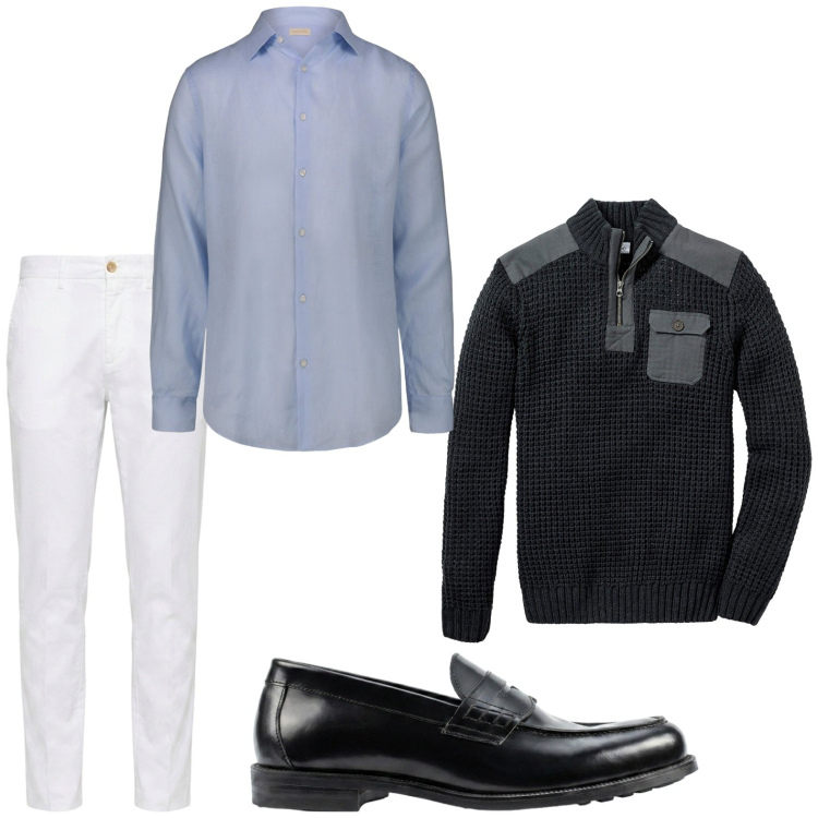 Outfit uomo - Back to routine. Stile Casual per Tutti i giorni. Abbinamento con maglieria, pantaloni chino, camicie, scarpe stringate.