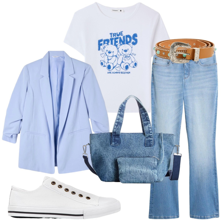 Outfit donna - Casual. Stile Casual per Tutti i giorni. Abbinamento con borse a mano, sneakers, jeans bootcut, blazer, cinture, t-shirt.