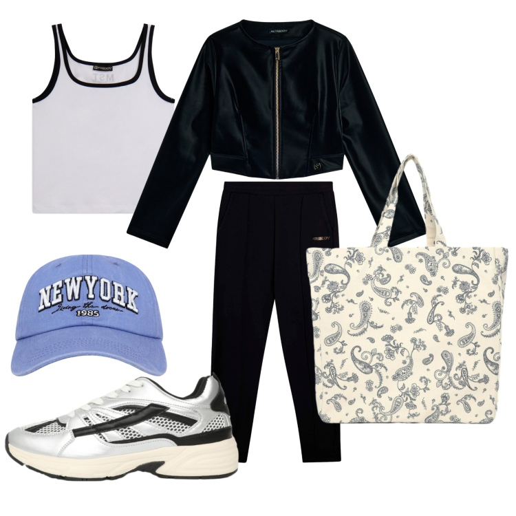 Outfit donna - In classe!. Stile Sporty chic per Scuola/Università. Abbinamento con cappelli, sneakers, shopping bag, blazer, pantaloni, canottiere.