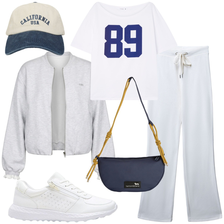Outfit donna - Sporty. Stile Casual per Tutti i giorni. Abbinamento con sneakers, borse a tracolla, pantaloni, cappelli con visiera, t-shirt, felpe.