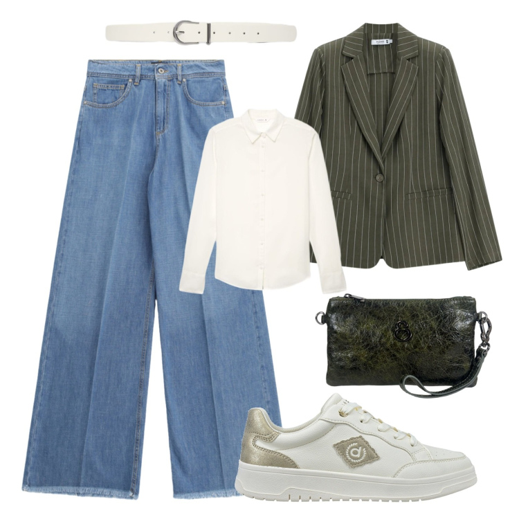 Outfit donna - Praticità quotidiana. Stile Urban per Ufficio. Abbinamento con jeans, cinture, camicie, blazer, pochette, sneakers.