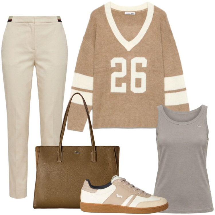 Outfit donna - Lezione all\' università. Stile Casual chic per Scuola/Università. Abbinamento con pantaloni chino, canottiere, shopping bag, sneakers, t-shirt sportive.