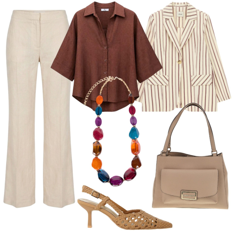 Outfit donna - Back to Office. Stile Chic per Ufficio. Abbinamento con décolleté, blazer, camicie, collane, pantaloni, borse a spalla.