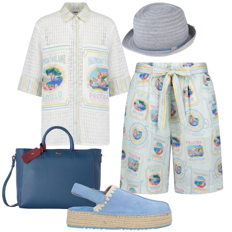 Outfit donna - Vacanza a settembre. Stile Casual per Mare. Abbinamento con cappelli, espadrillas, bermuda, camicie a manica corta, borse a mano.