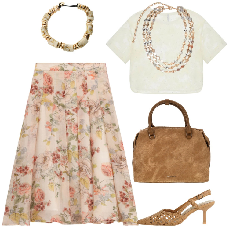 Outfit donna - Agosto in ufficio. Stile Casual chic per Ufficio. Abbinamento con t-shirt, décolleté, gonne lunghe, braccialetti, collane, borse a tracolla.