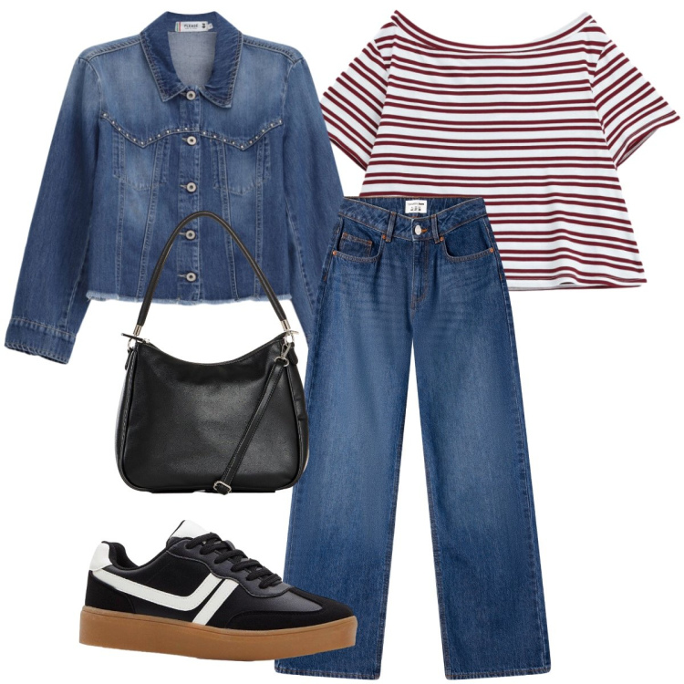 Outfit donna - Cena informale in montagna. Stile Basic per Serata fuori. Abbinamento con sneakers, borse a mano, jeans, blazer, t-shirt.