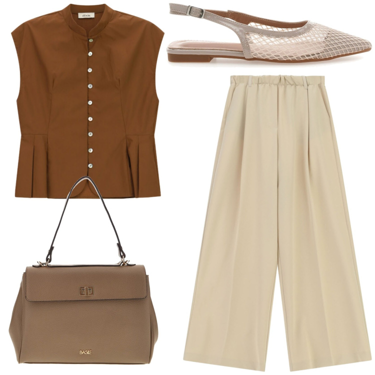 Outfit donna - Professionale in ufficio. Stile Casual chic per Ufficio. Abbinamento con pantaloni a palazzo, camicie, ballerine, borse a tracolla.