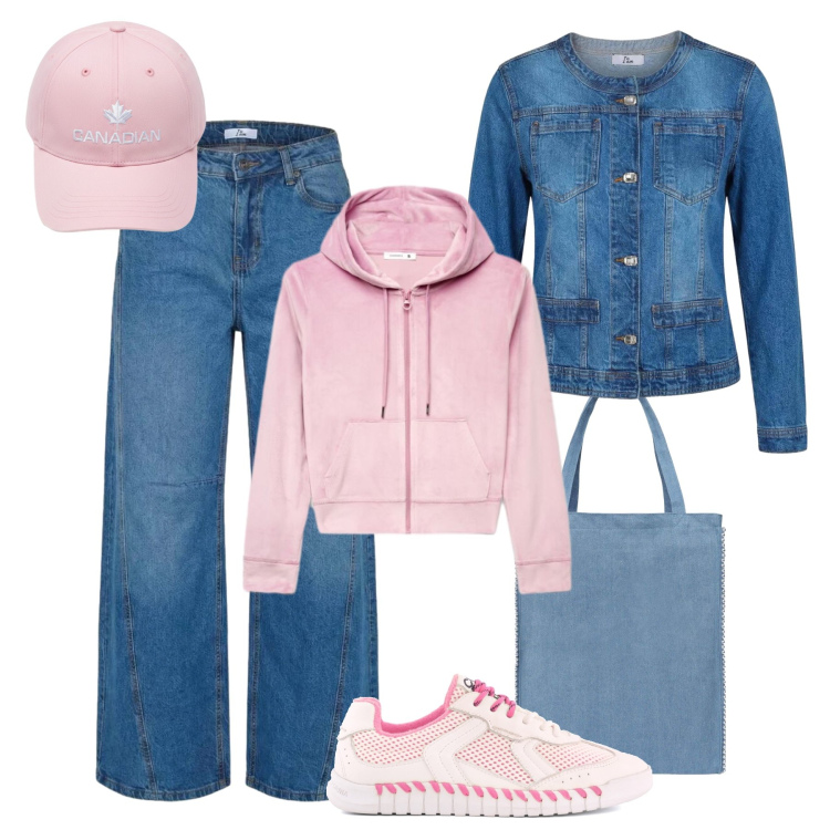 Outfit donna - Back to Pink school. Stile Casual per Scuola/Università. Abbinamento con felpe con cappuccio, borse tote, jeans, blazer, berretti, sneakers.